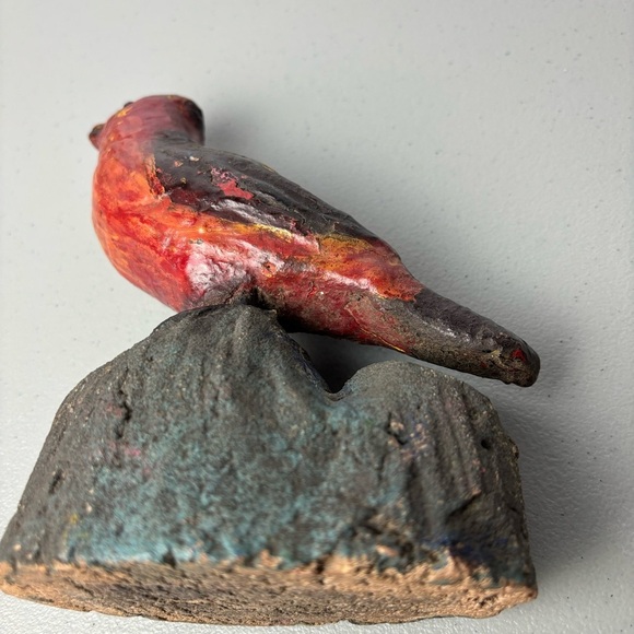 Primitive Folk Art Red Bird Robin Cardinal Stone Clay Statue Sculpture Carving - Picture 3 of 12
